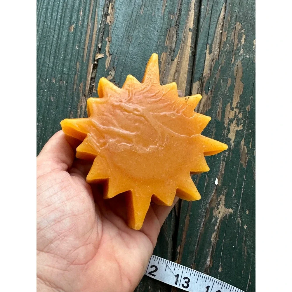 Vintage Celestial Sun Face Beeswax Candle Orange Molded Wax Boho Decor A3219